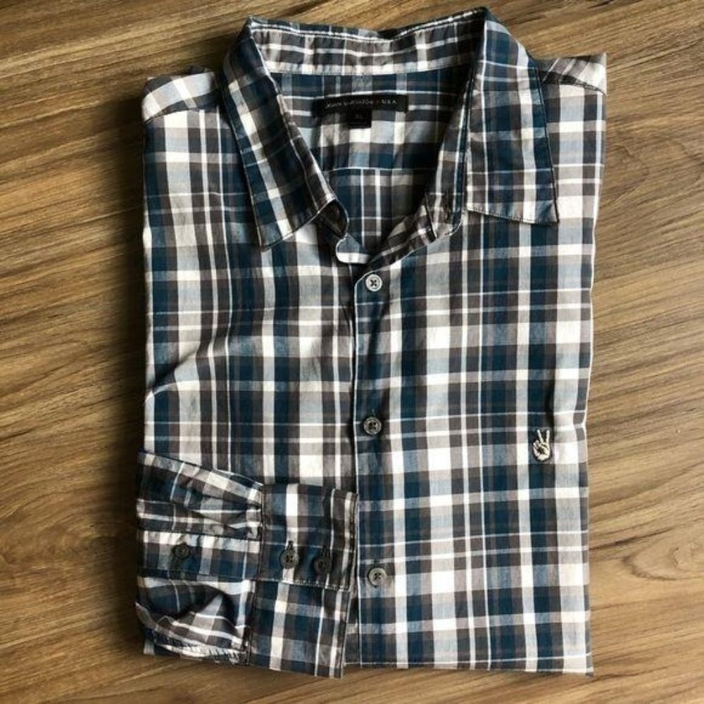 John Varvatos Peace Sign Logo Plaid Button Up Long